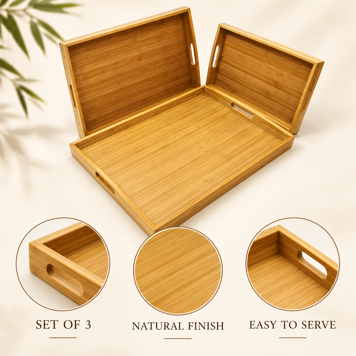 3-Piece Natural Bamboo Serving Tray Set features image