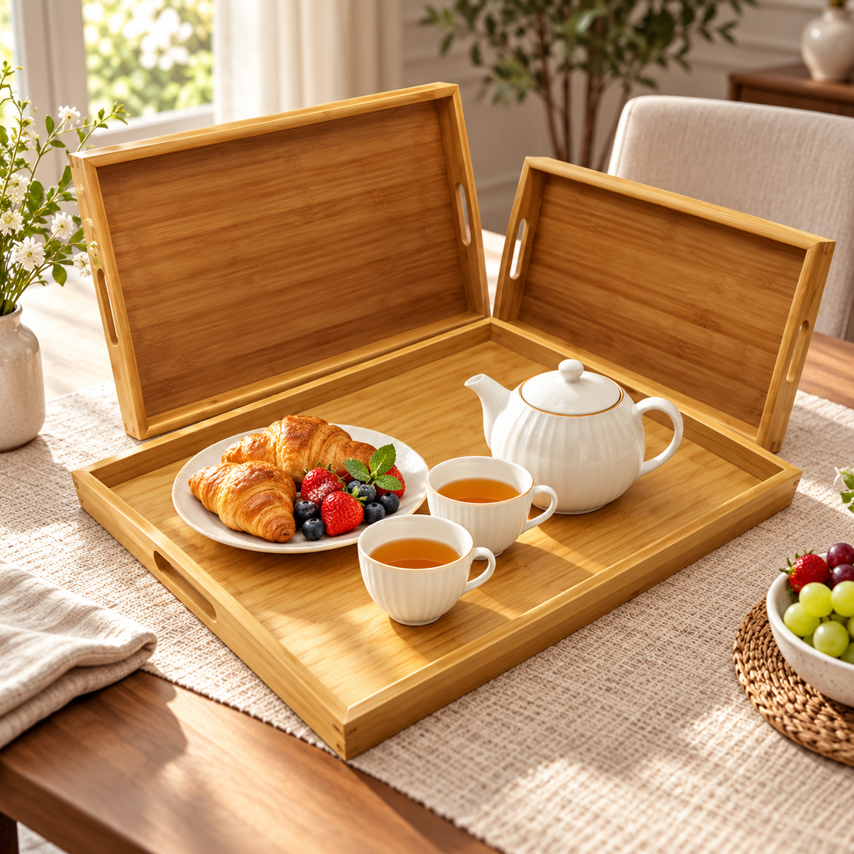 3-Piece Natural Bamboo Serving Tray Set lifestyle image