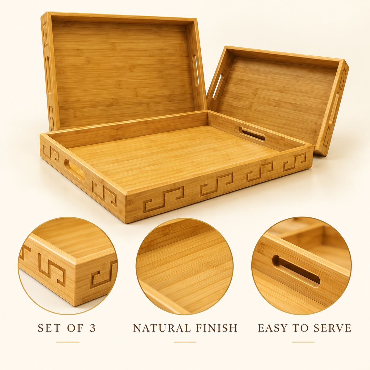 3-Piece Geometric Border Bamboo Serving Tray Set features image