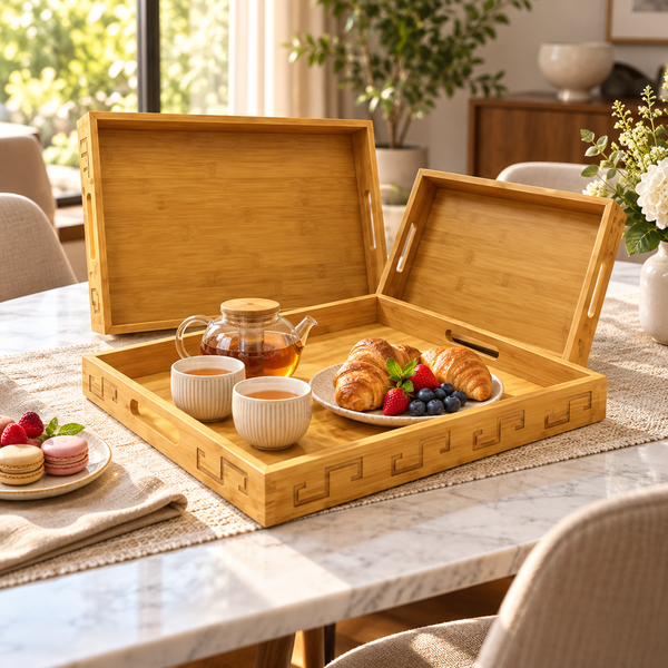 3-Piece Geometric Border Bamboo Serving Tray Set lifestyle image