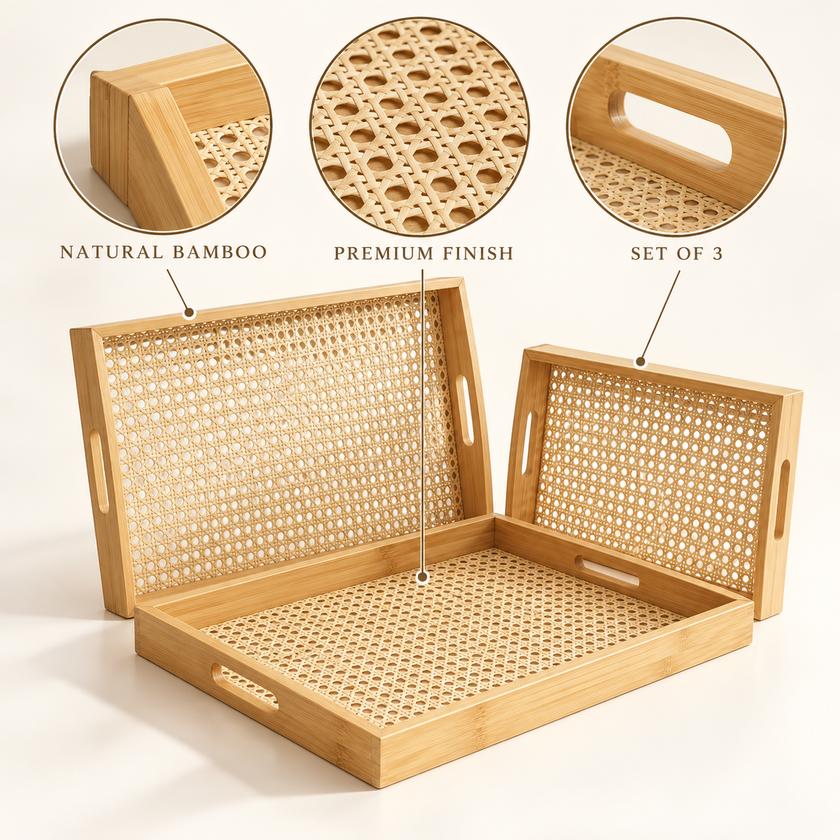 3-Piece Natural Cane & Bamboo Serving Tray Set material and finish details