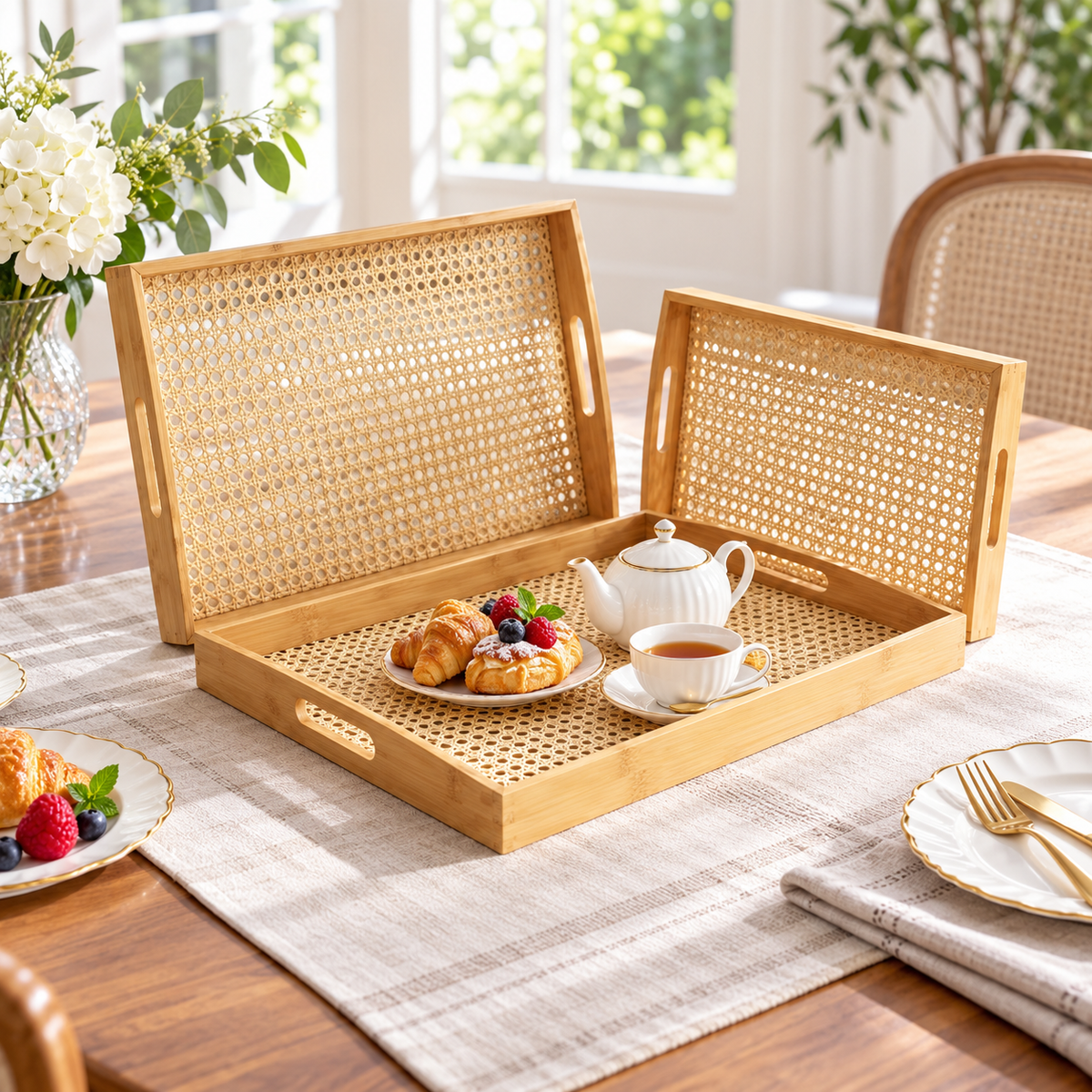 3-Piece Natural Cane & Bamboo Serving Tray Set styled on a dining table