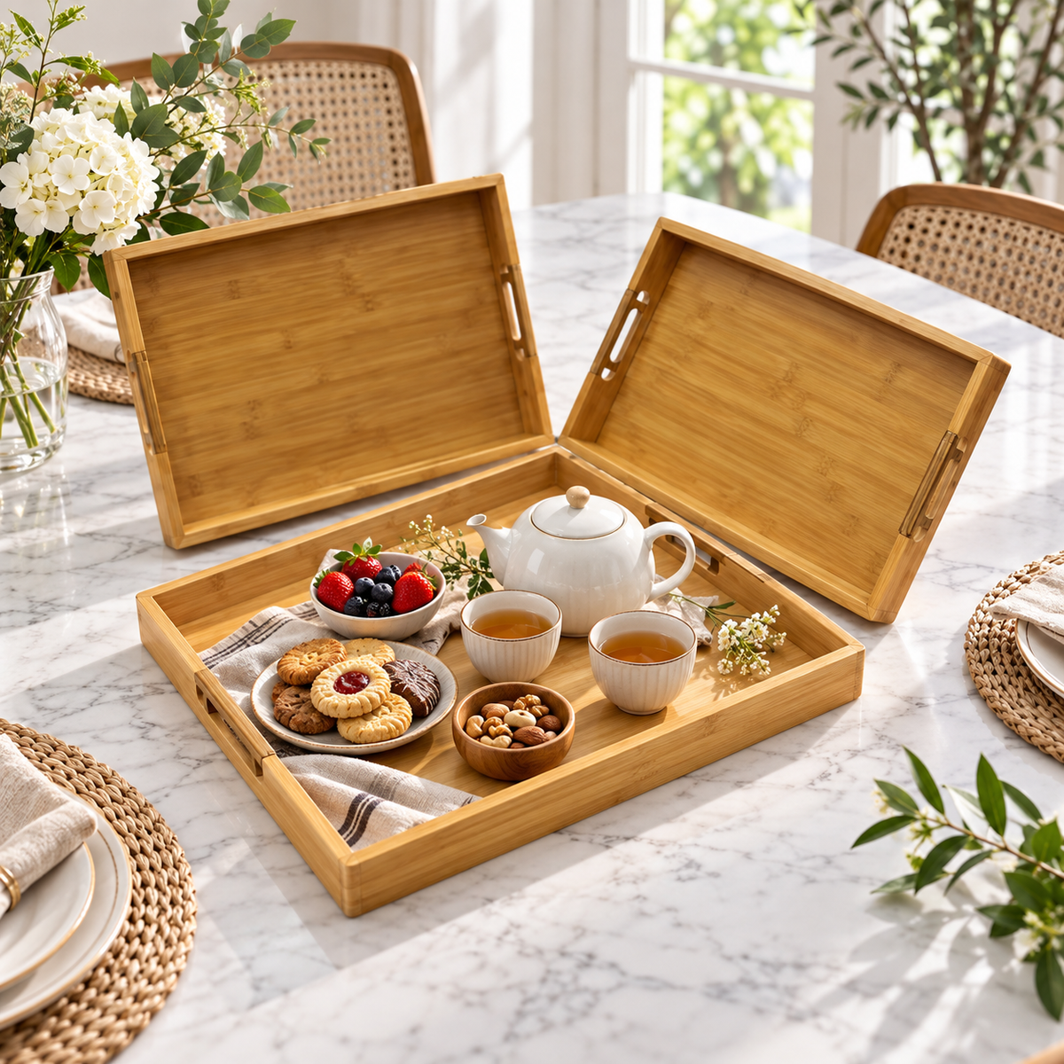 3-Piece Rectangular Bamboo Serving Tray Set lifestyle image