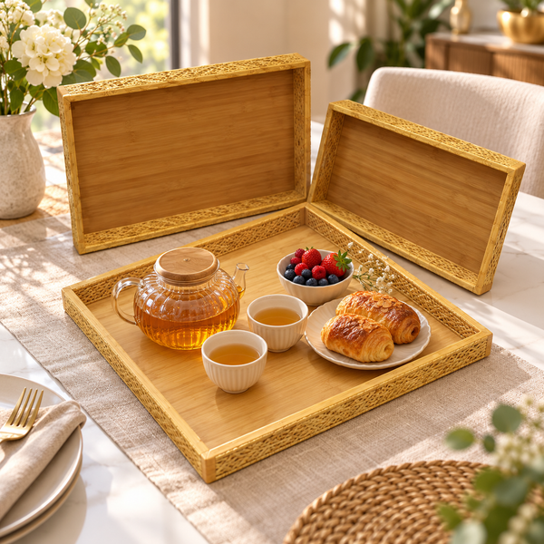 3-Piece Natural Rectangular Bamboo Serving Tray Set lifestyle image