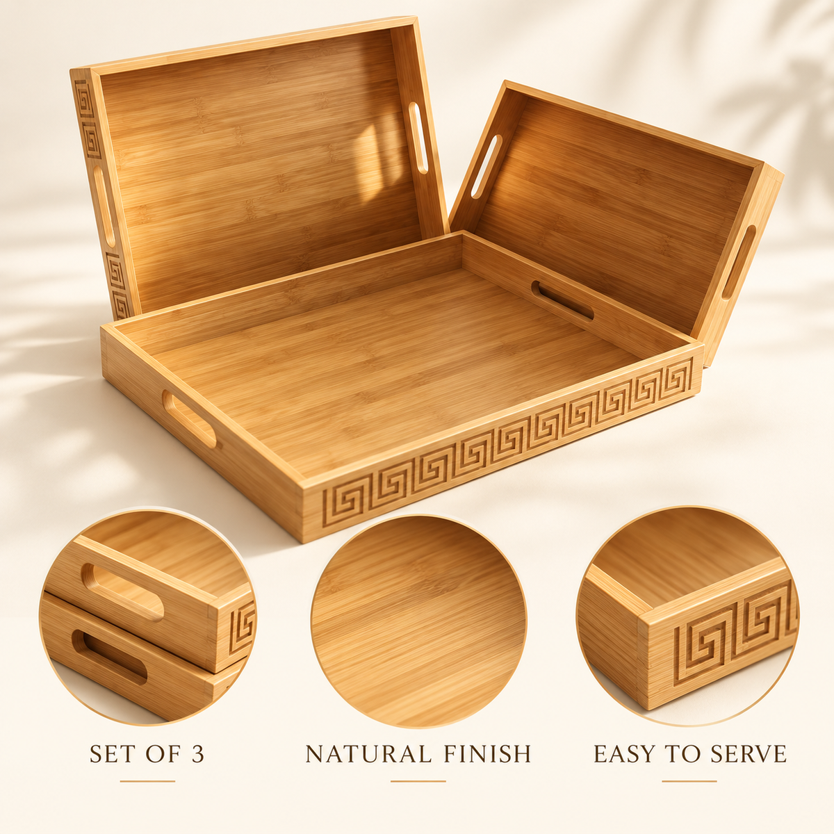 3-Piece Engraved Border Bamboo Serving Tray Set features image