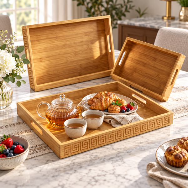 3-Piece Engraved Border Bamboo Serving Tray Set lifestyle image