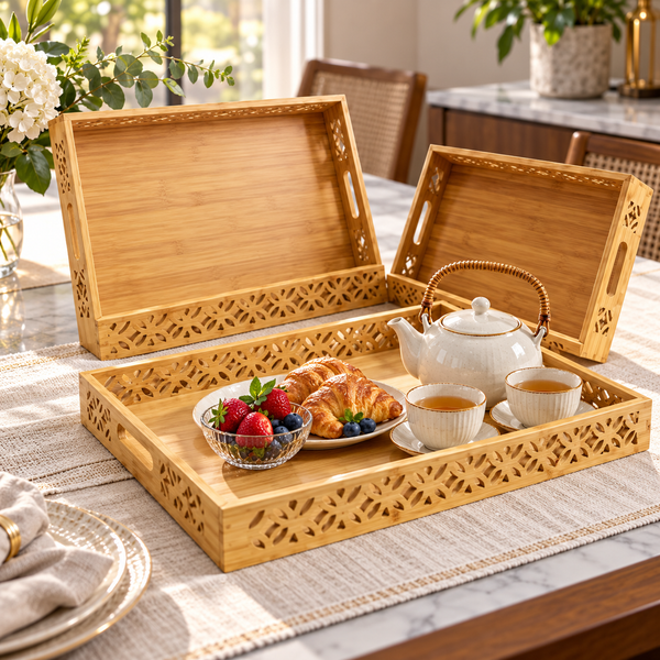 3-Piece Cut-Out Lattice Bamboo Serving Tray Set lifestyle image