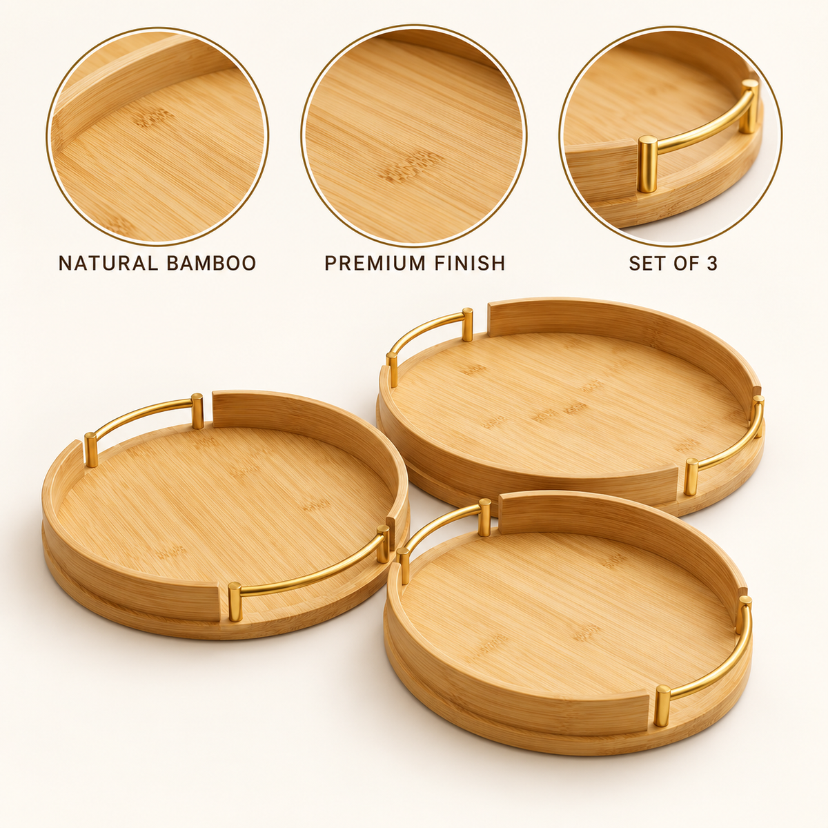 3-Piece Round Bamboo Serving Tray Set with Gold Handles material and finish details