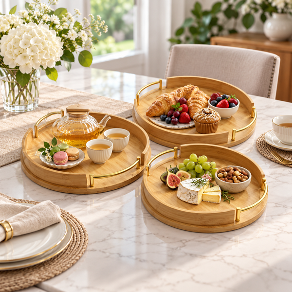 3-Piece Round Bamboo Serving Tray Set with Gold Handles styled on a dining table