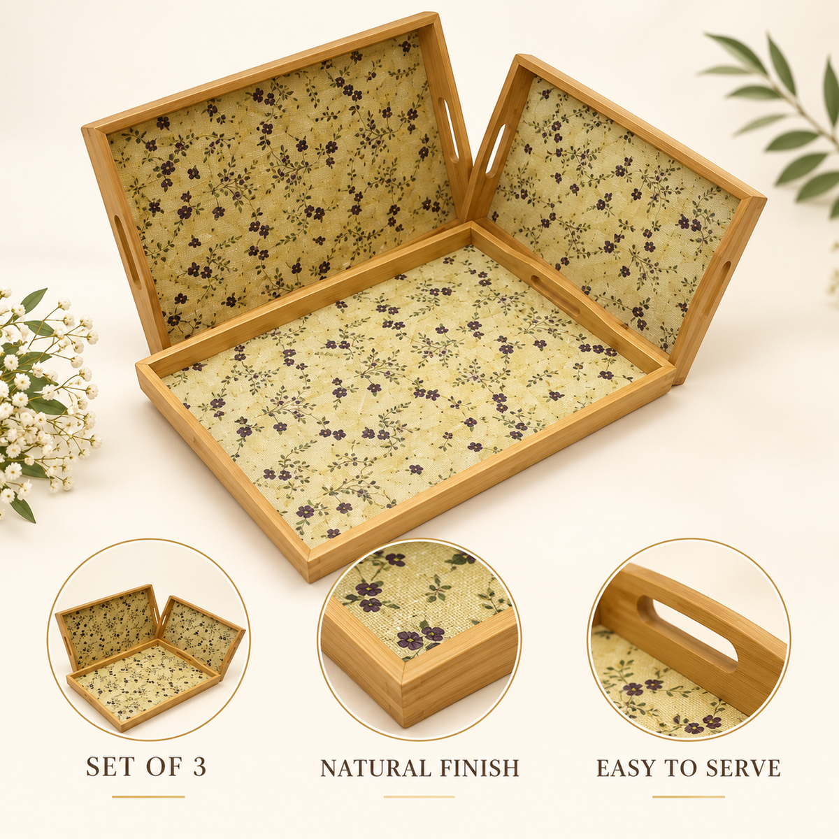 3-Piece Blue Floral Bamboo Serving Tray Set features image