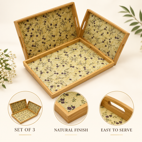 3-Piece Blue Floral Bamboo Serving Tray Set features image
