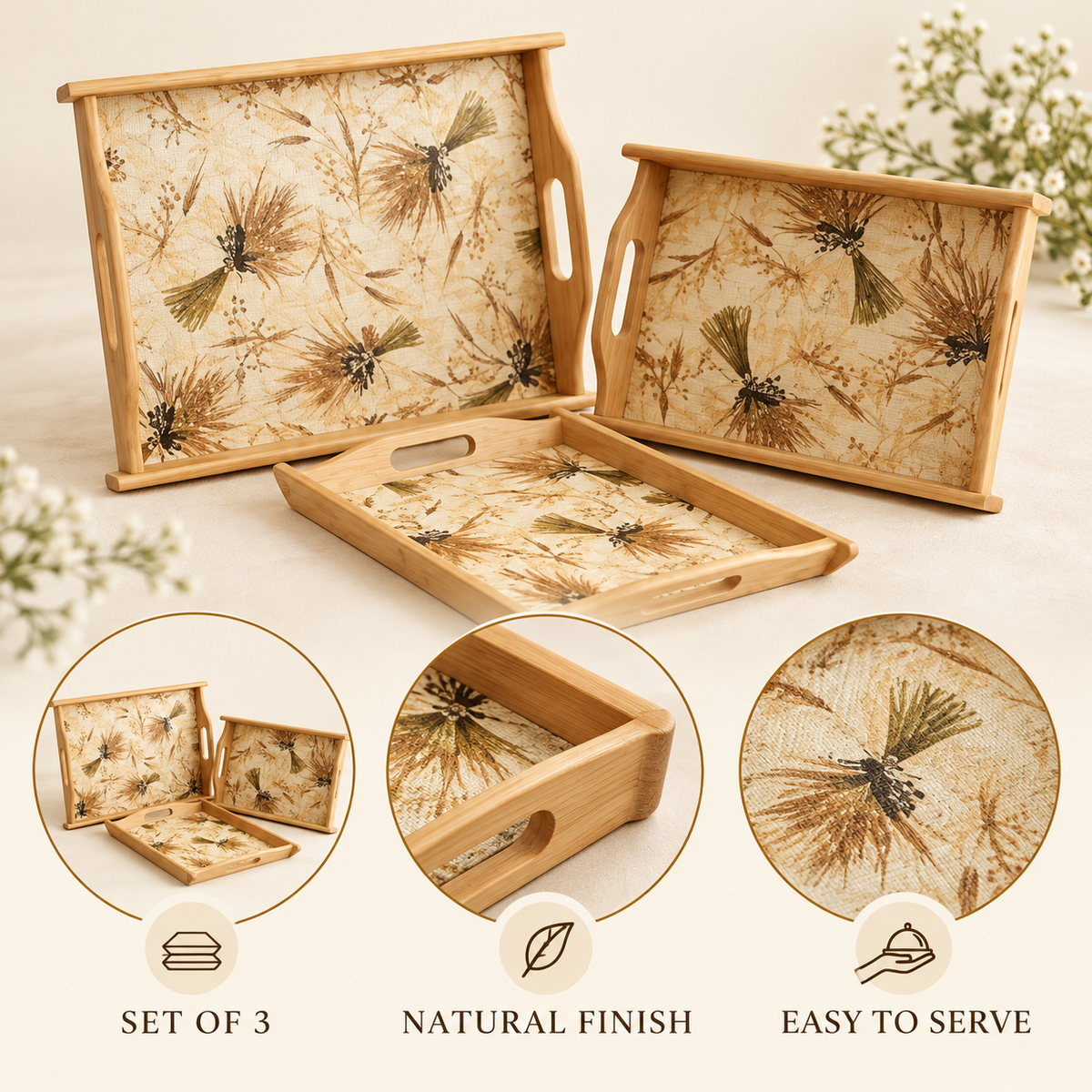 3-Piece Botanical Bamboo Serving Tray Set features image
