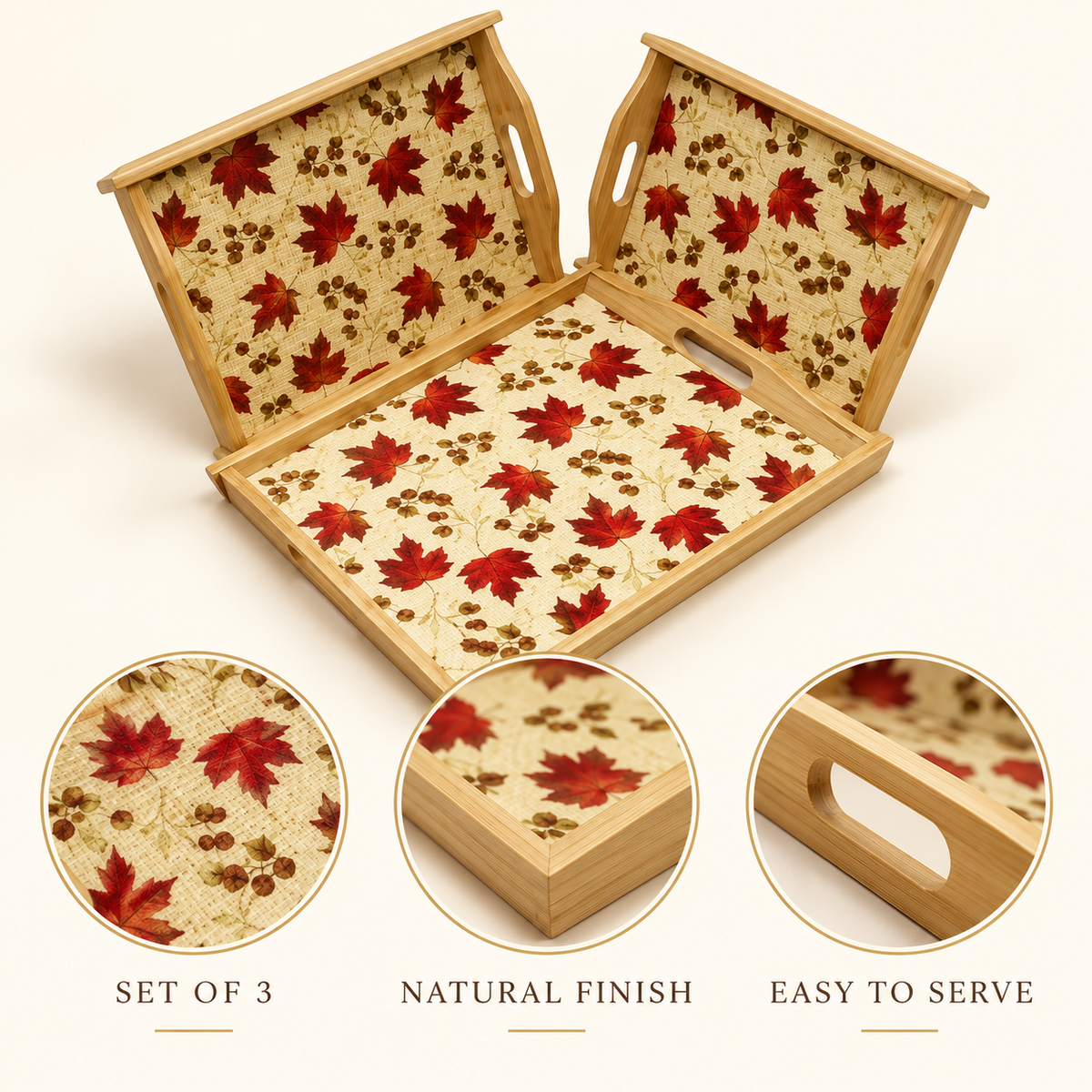 3-Piece Red Floral Bamboo Serving Tray Set features image