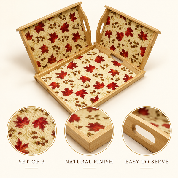 3-Piece Red Floral Bamboo Serving Tray Set features image