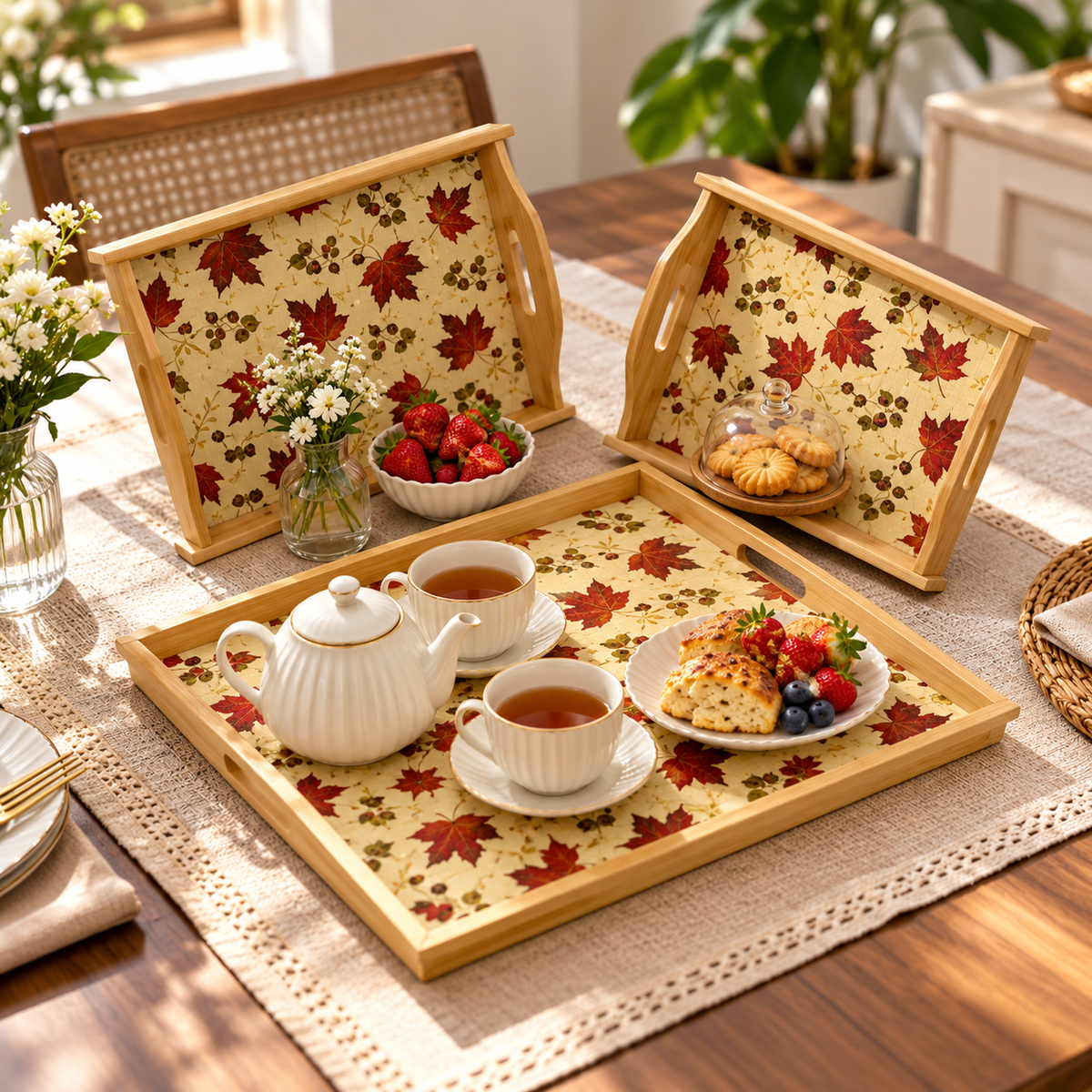 3-Piece Red Floral Bamboo Serving Tray Set lifestyle image