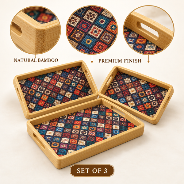 3-Piece Patterned Rectangular Bamboo Serving Tray Set material and finish details