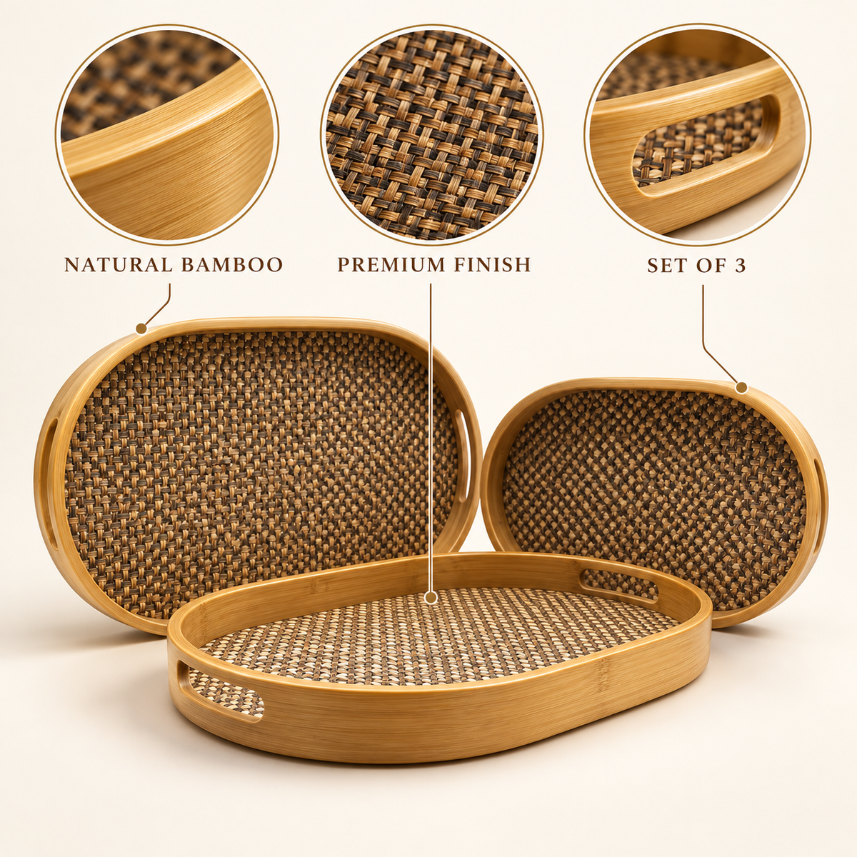3-Piece Oval Bamboo & Woven Rattan Serving Tray Set material and finish details