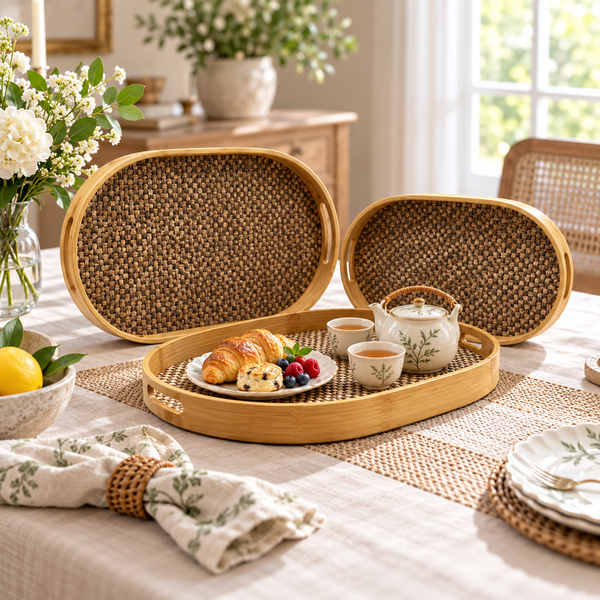 3-Piece Oval Bamboo & Woven Rattan Serving Tray Set styled on a dining table