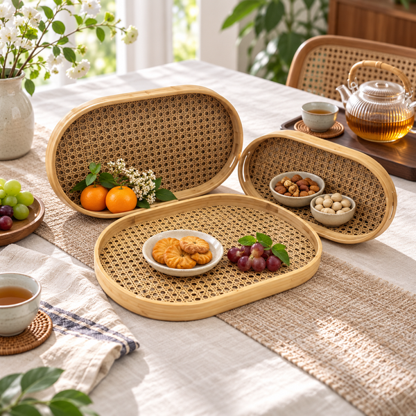 3-Piece Light Cane Weave Bamboo Serving Tray Set lifestyle image