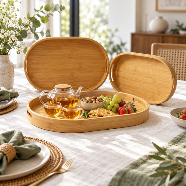 3-Piece Rounded Rectangular Bamboo Serving Tray Set lifestyle image