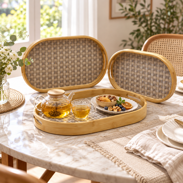 3-Piece Grey Weave Bamboo Serving Tray Set lifestyle image