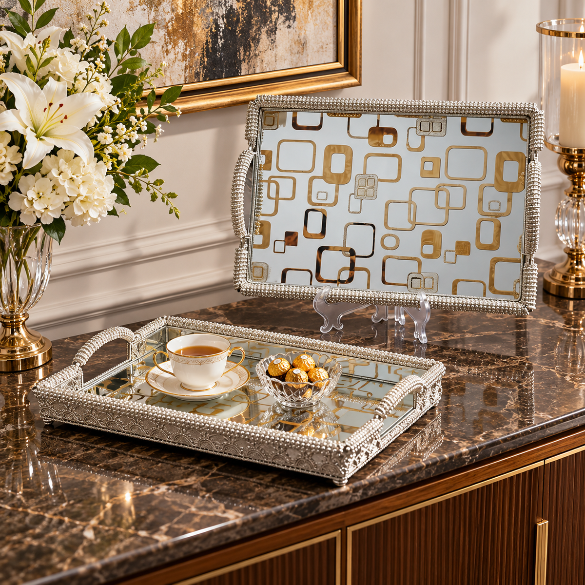 2-piece geometric square pattern mirror serving tray set