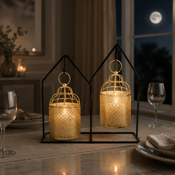 Two Piece Golden Lantern Candle Holder Set