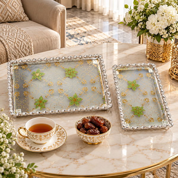 2-piece green floral mirror serving tray set