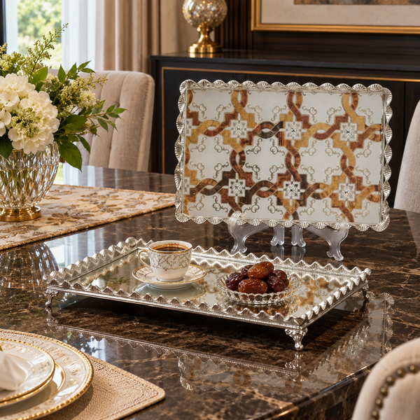 2-piece linked ornamental pattern mirror serving tray set