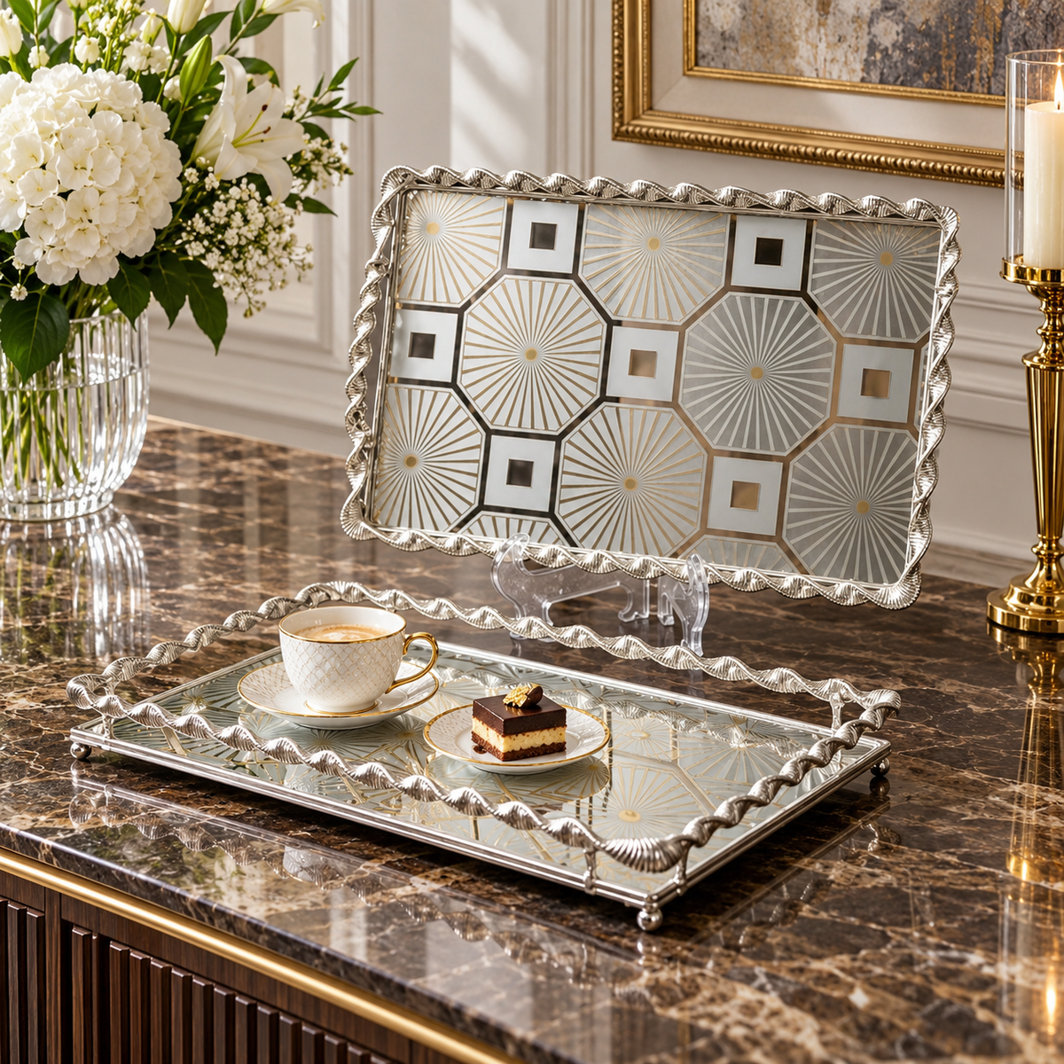 2-piece sunburst geometric mirror serving tray set
