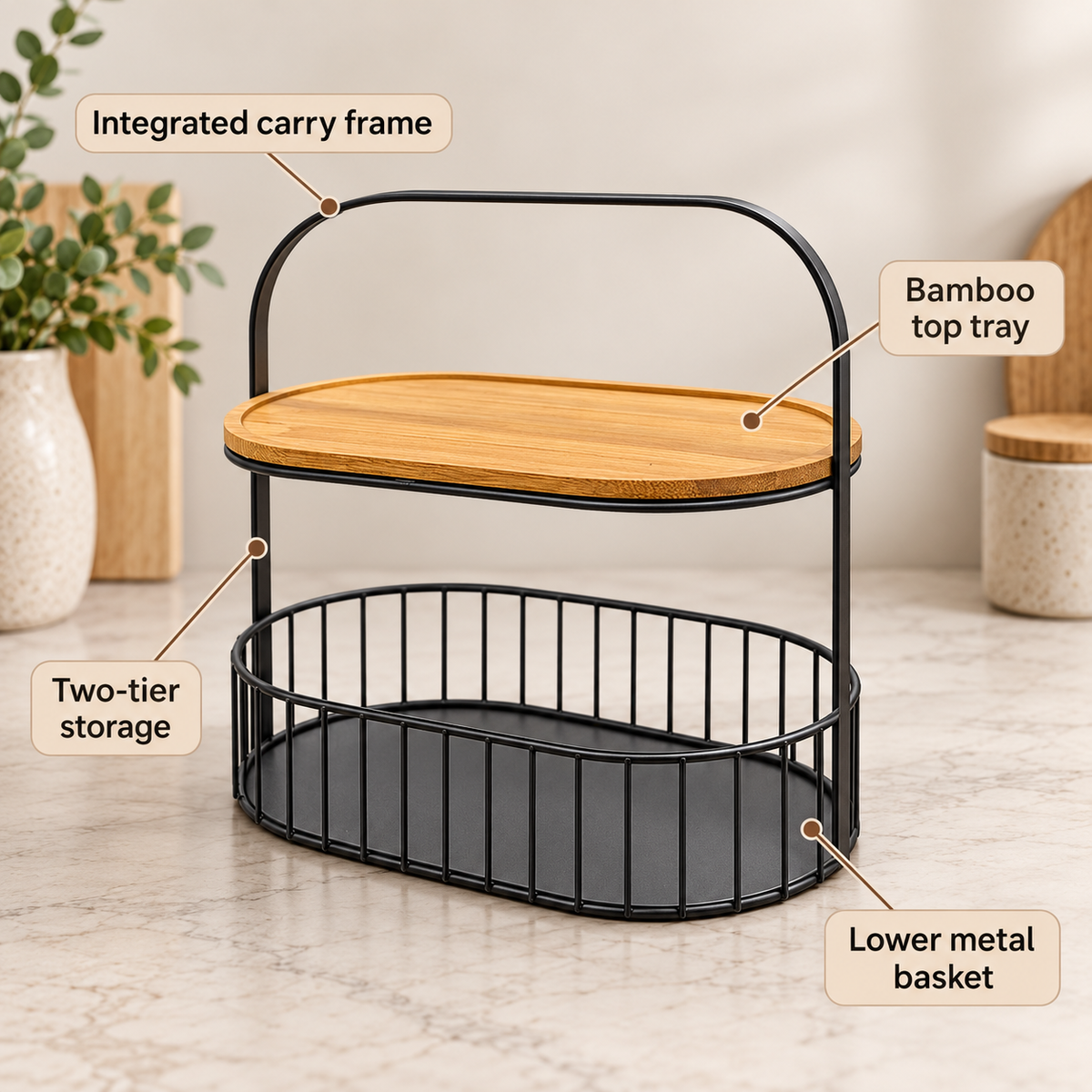 2-Tier Bamboo and Metal Countertop Basket feature infographic