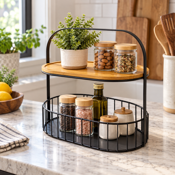 2-Tier Bamboo and Metal Countertop Basket styled in a premium kitchen setting