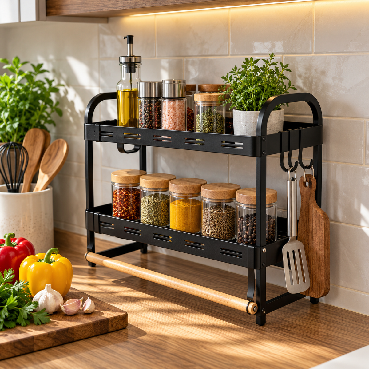 2-Tier Wall-Mounted Metal Spice Rack with Hooks