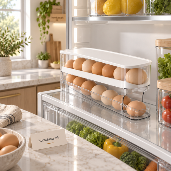 Clear two-tier gravity egg organizer with white lid