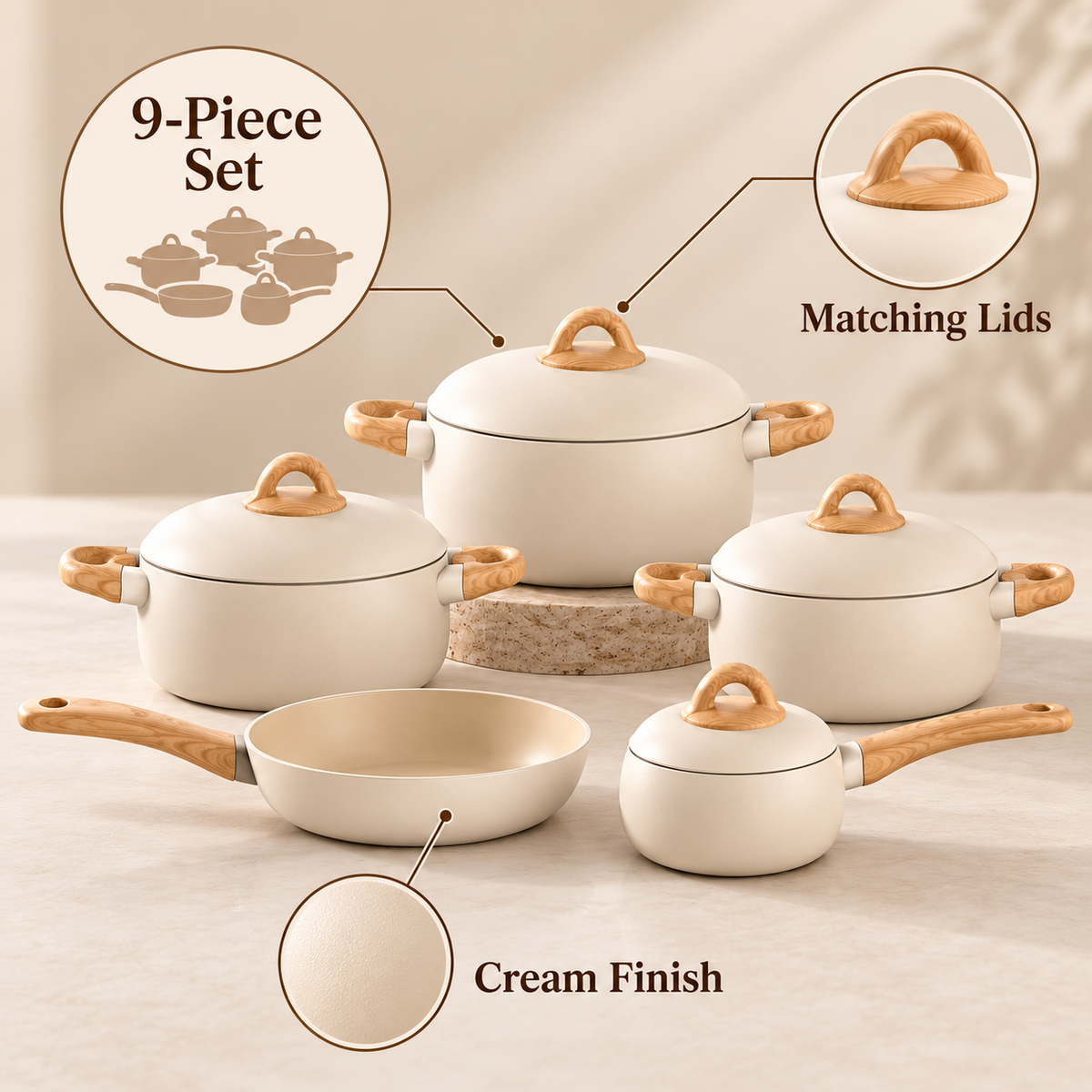 9-Piece Cookware Set – Cream with Wood-Style Handles feature infographic