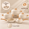 9-Piece Cookware Set – Cream with Wood-Style Handles feature infographic