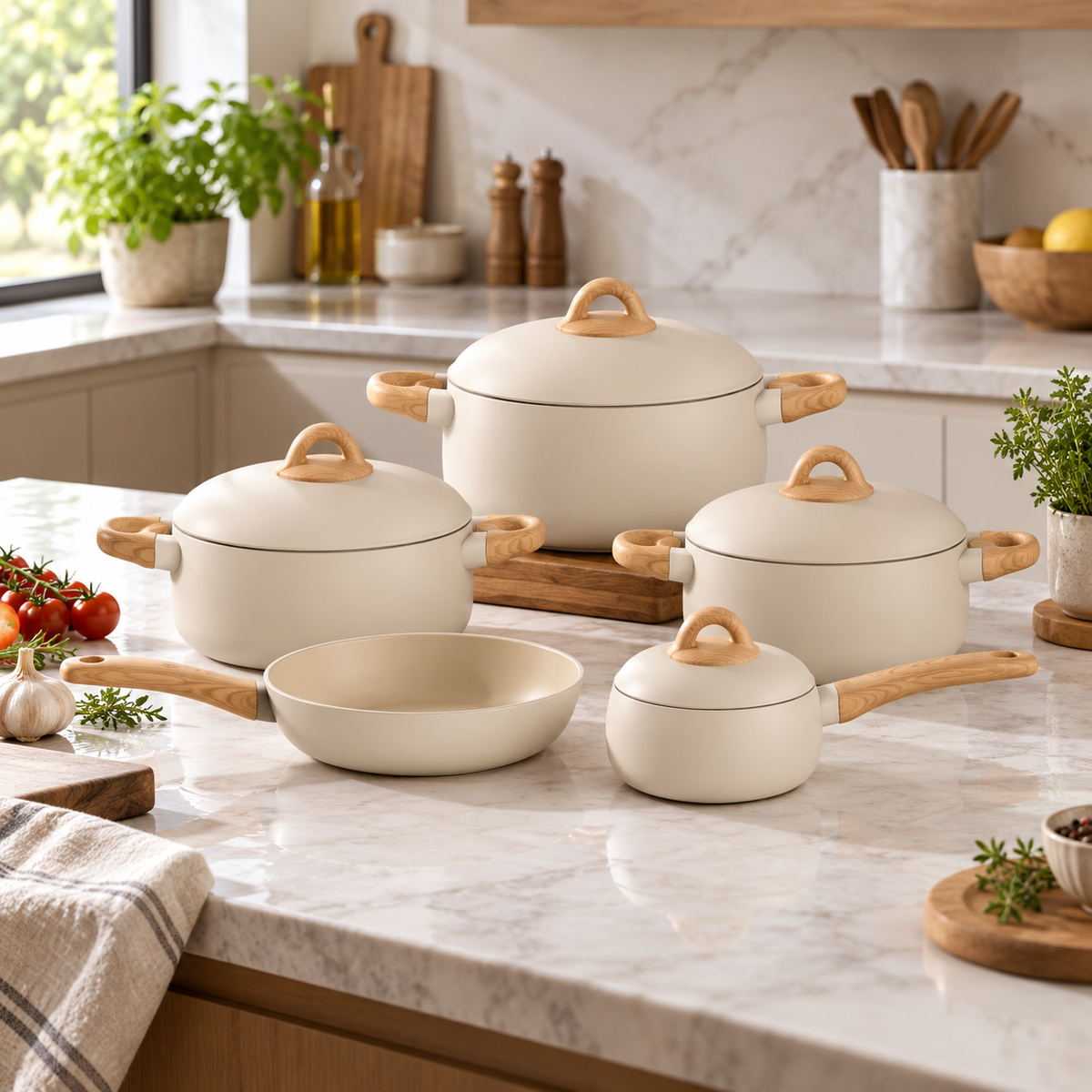9-Piece Cookware Set – Cream with Wood-Style Handles in a premium lifestyle setting