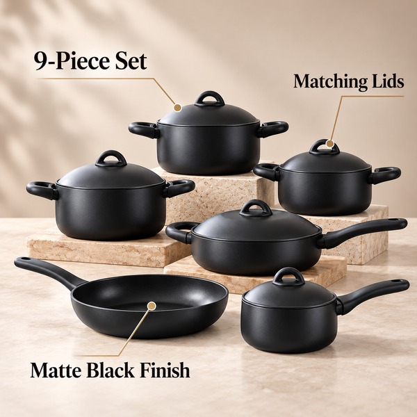 9-Piece Cookware Set – Matte Black feature infographic
