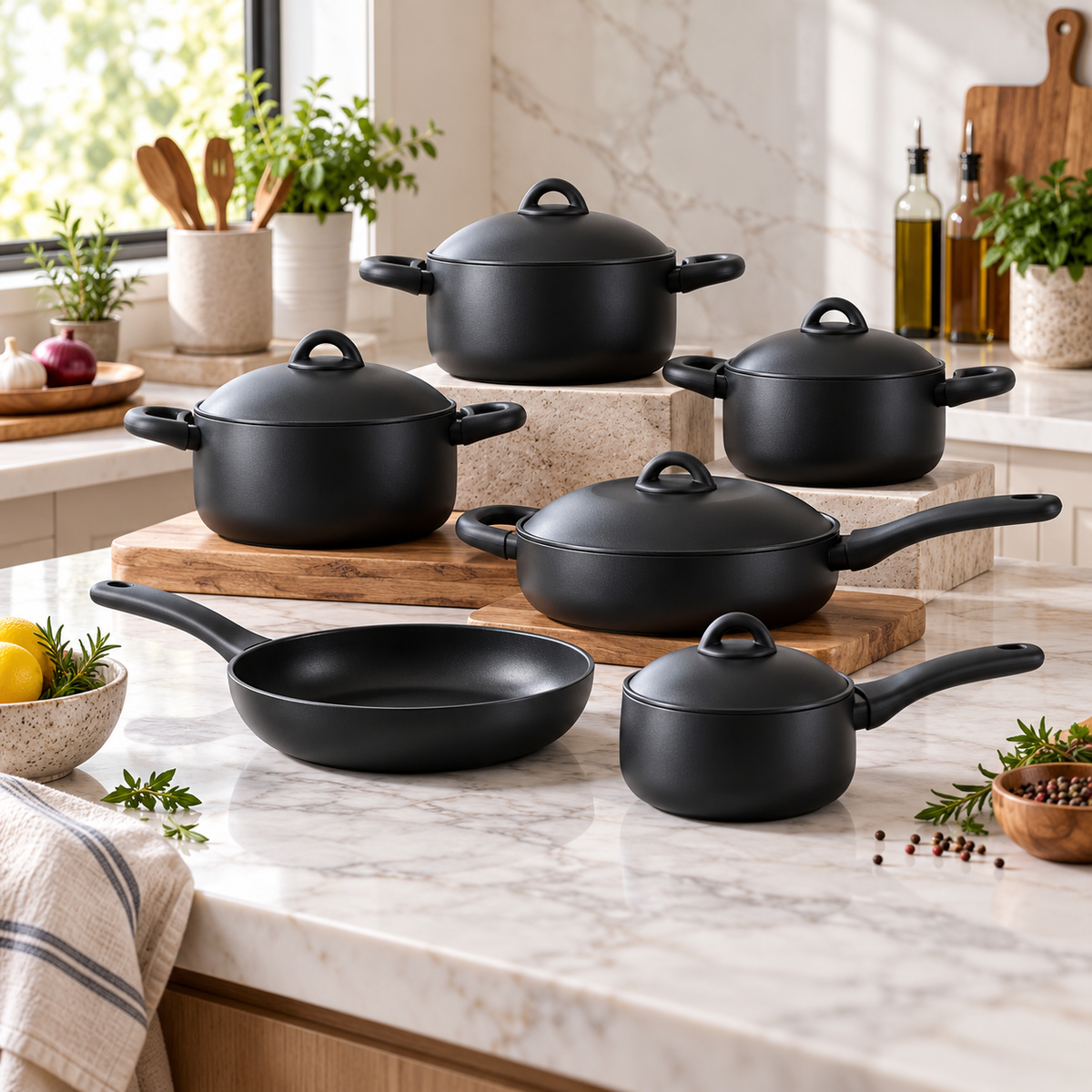 9-Piece Cookware Set – Matte Black in a premium lifestyle setting