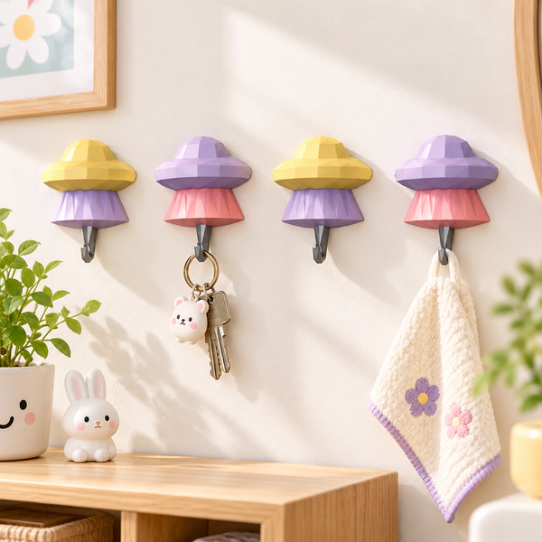4 piece colorful UFO adhesive wall hooks