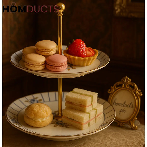 Victorian Bloom 2-Tier Dessert Stand – Blue Floral with Gold Handle