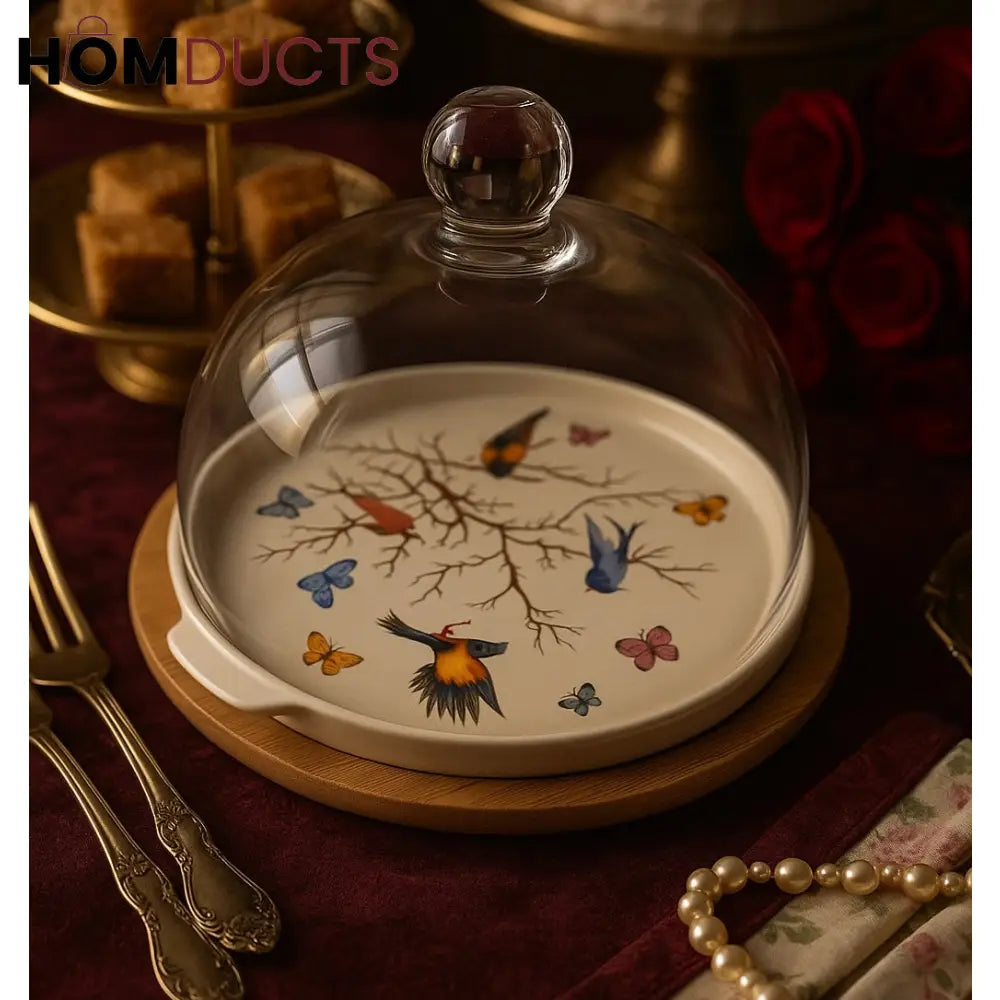 Victorian Garden Birds Ceramic Cake Stand with Glass Dome Cover