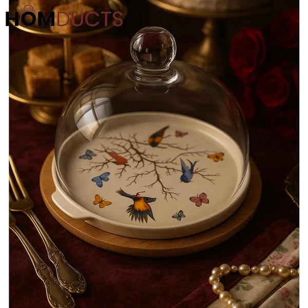 Victorian Garden Birds Ceramic Cake Stand with Glass Dome Cover