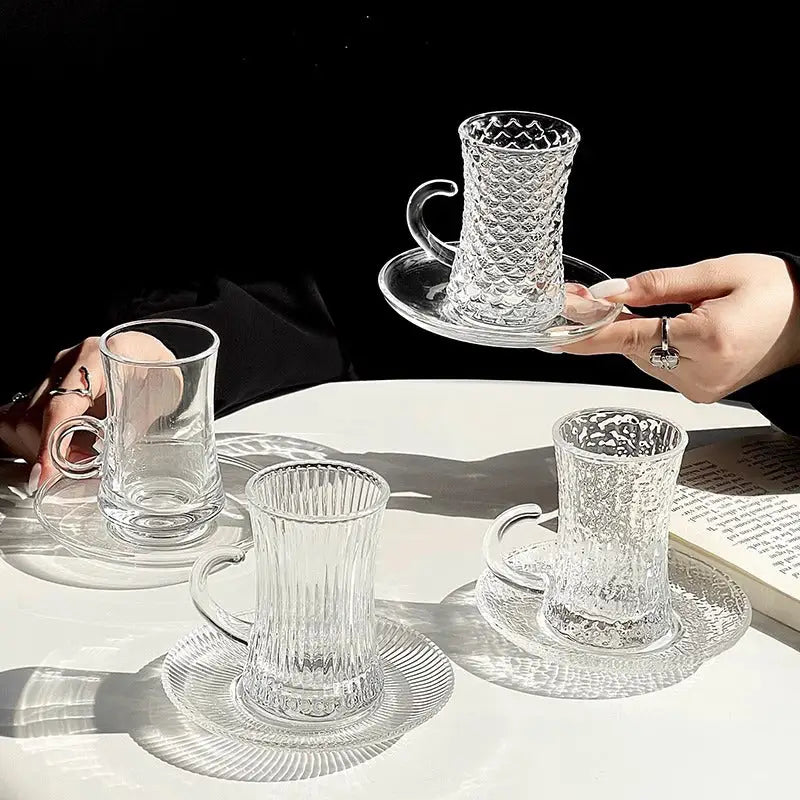Vintage Clear Glass Tea Cups with Saucers – Elegant Textured Turkish Tea & Espresso Mug Set with Handle (6pcs)