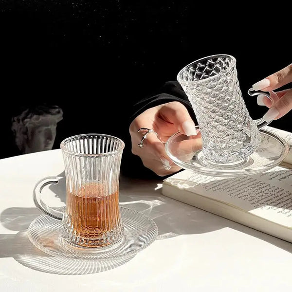 Vintage Clear Glass Tea Cups with Saucers – Elegant Textured Turkish Tea & Espresso Mug Set with Handle (6pcs)