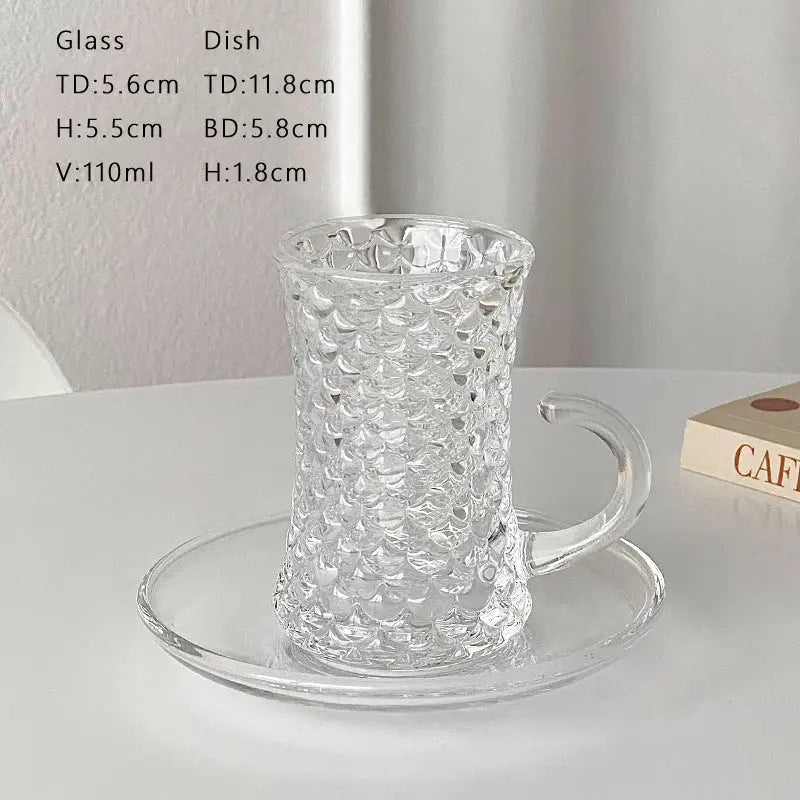 Vintage Clear Glass Tea Cups with Saucers – Elegant Textured Turkish Tea & Espresso Mug Set with Handle (6pcs) Style 1