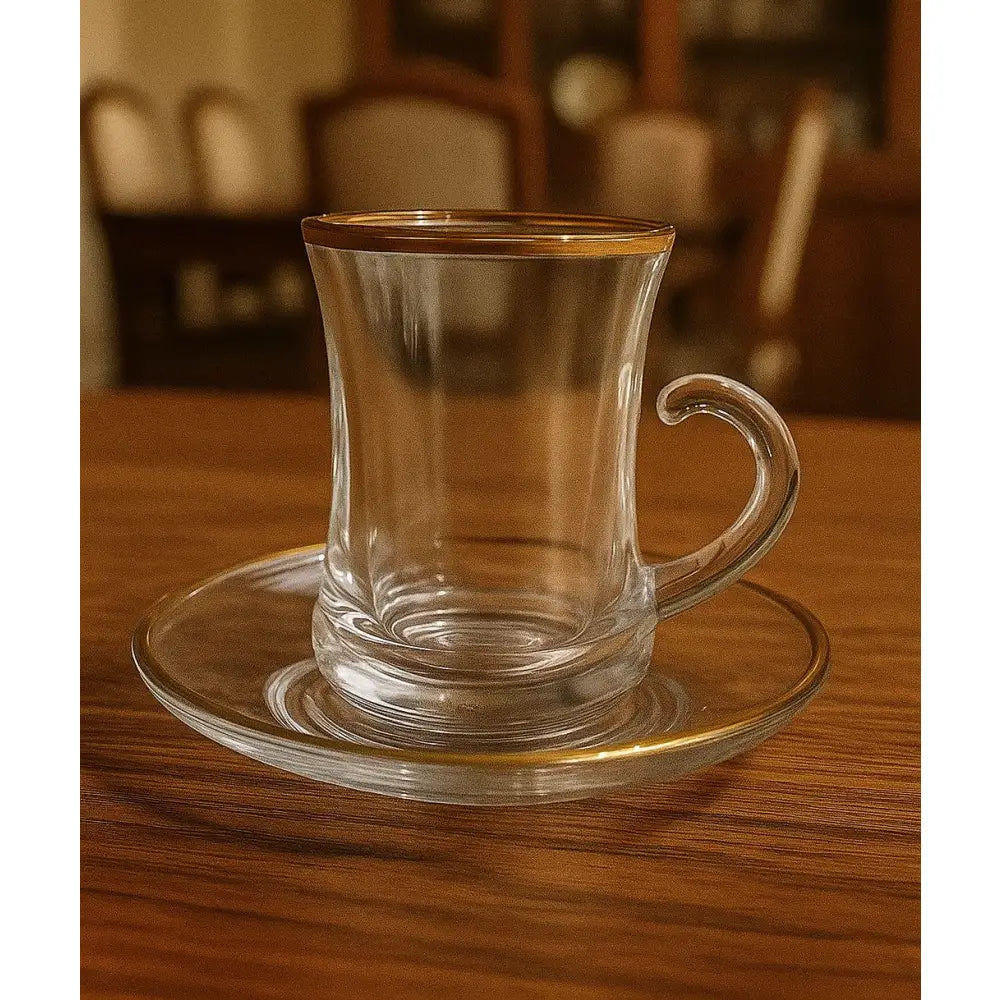 Vintage Clear Glass Tea Cups with Saucers – Elegant Textured Turkish Tea & Espresso Mug Set with Handle (6pcs) Style 3