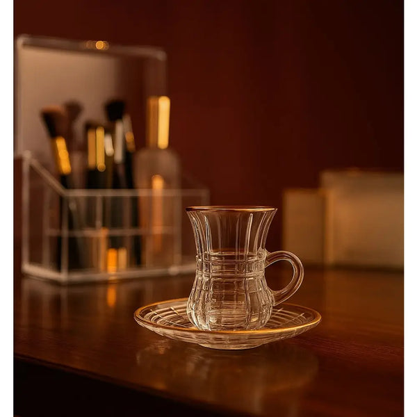 Vintage Clear Glass Tea Cups with Saucers – Elegant Textured Turkish Tea & Espresso Mug Set with Handle (6pcs) Style 5