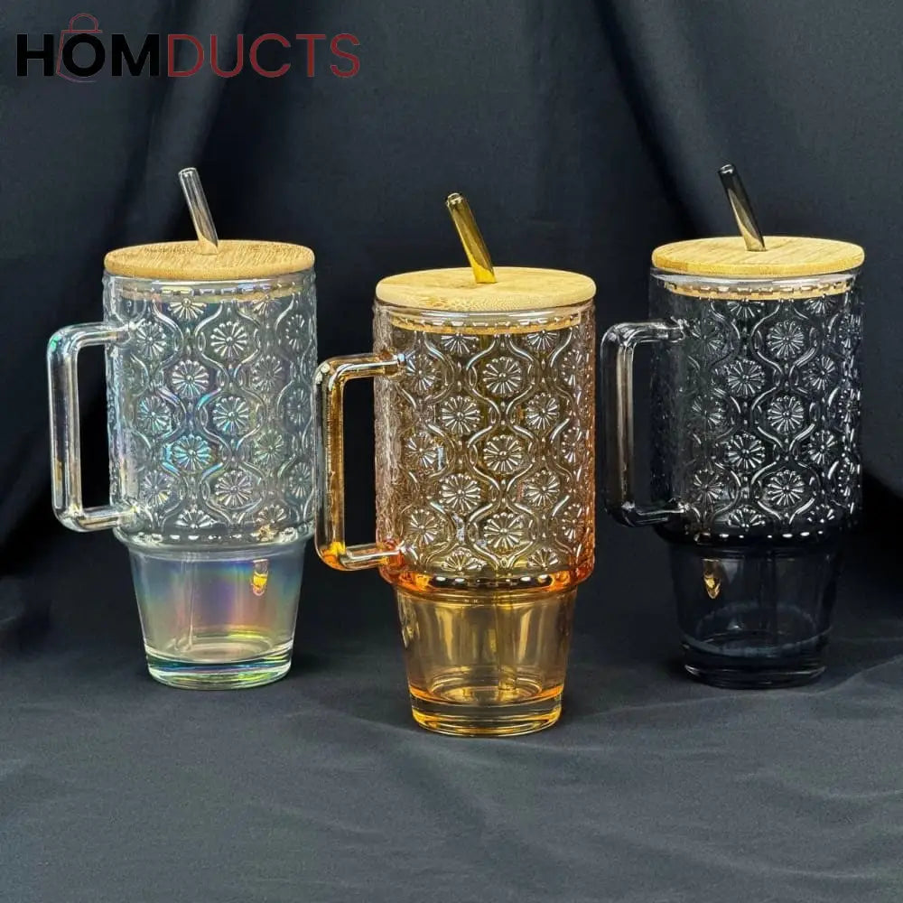 Vintage Embossed Glass Cup (600ml) with Bamboo Lid & Straw