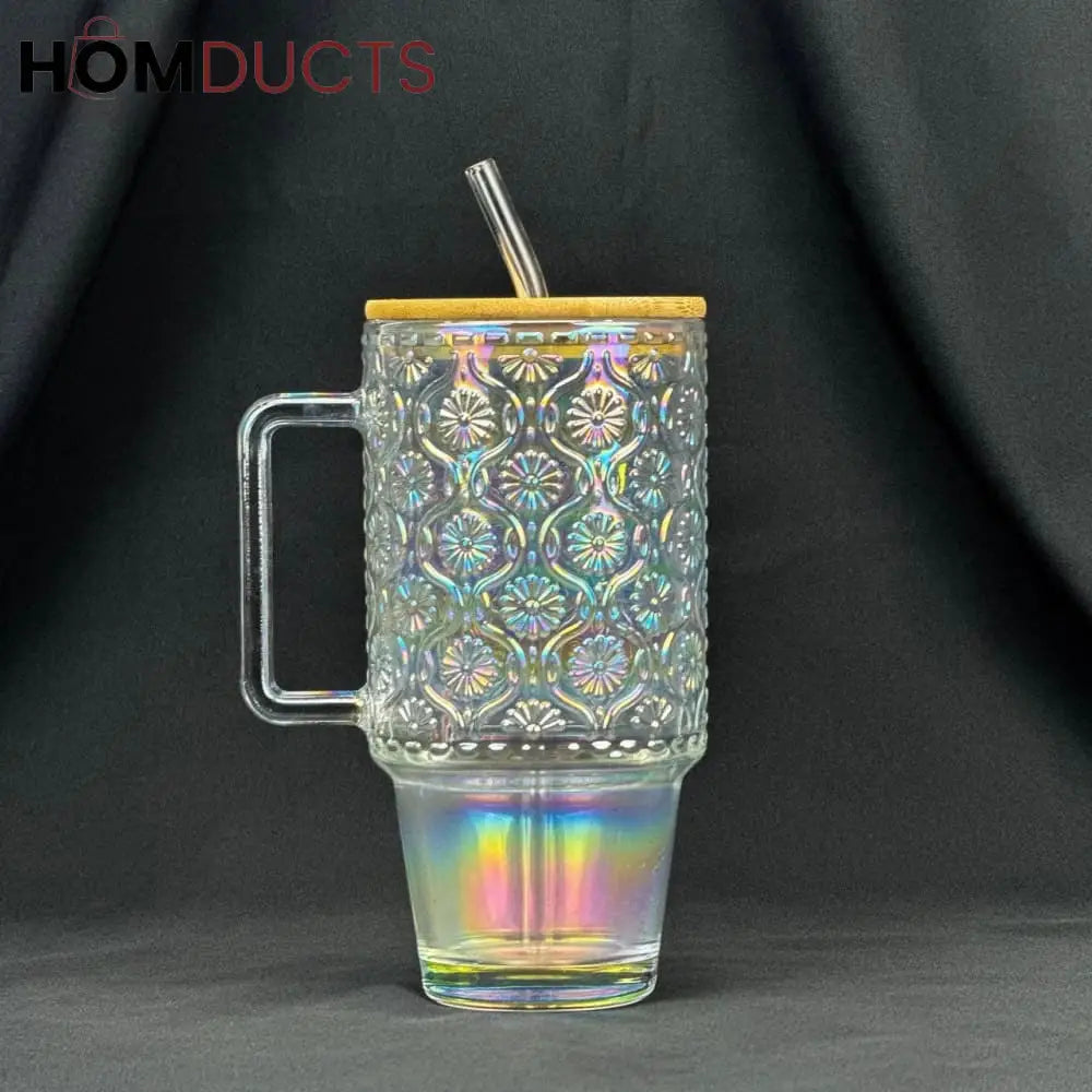 Vintage Embossed Glass Cup (600ml) with Bamboo Lid & Straw Style 1